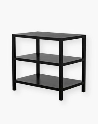 Handcrafted Mahogany Side Table: Expertly finished in versatile black and white wash options, featuring strong lines for timeless appeal.