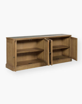 4 door buffet side board made of oak and oak veneer with rustic stone on top with middle shelving unit