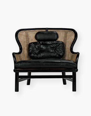 Charcoal Black frame with natural caning and removable black leather seat cushion, bolster & headrest pillows.