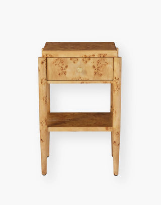 Nightstand with mappa burl material with a satin finish.