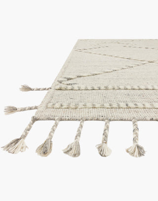 Light Grey and Ivory wool and cotton fringed rug.