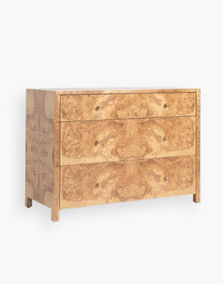 Dresser with burled wood olive ash veneer, and faceted brass hardware.