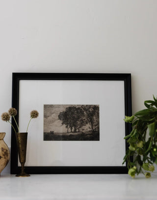 Vintage Etching of trees and landscape with matte white backing and black frame