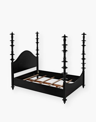 Mahogany, hand-rubbed black bed with intricate details on each post.