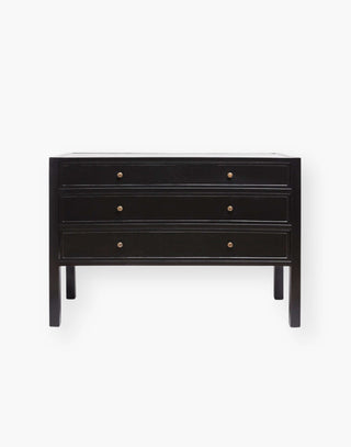 Contemporary retro 3-drawer dresser with a modern industrial feel and brass hardware in a polished finish.