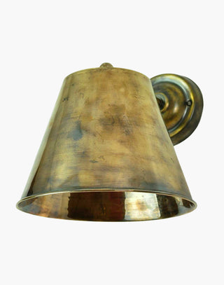 Large Map Room Wall Light in solid brass, Distressed Finish. Features GU10 LED Dimmable lamp for versatile task lighting. Ideal for highlighting tables, walls, and countertops.