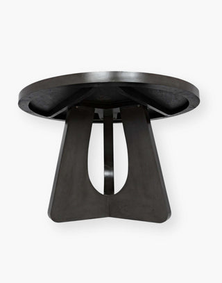 Dining Table has rounded edges with a black finish and a thick table top.