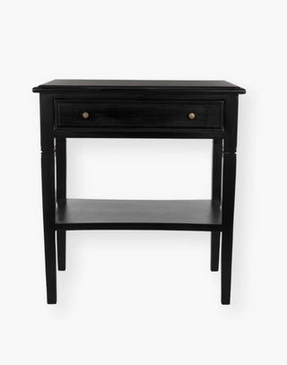 Weathered Black Solid mahogany side table with tapered legs and decorative carvings. Perfect for living rooms or bedrooms.