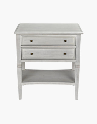 White Wash Mahogany and veneer side table with brass pulls, modern design, perfect for sofa or bedside.