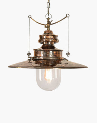 Distressed with Clear Glass Paddington Pendant (Large) C1890: Solid copper, brass detail. Vintage gas light replica with on/off pull chains. 19.7" chain included.