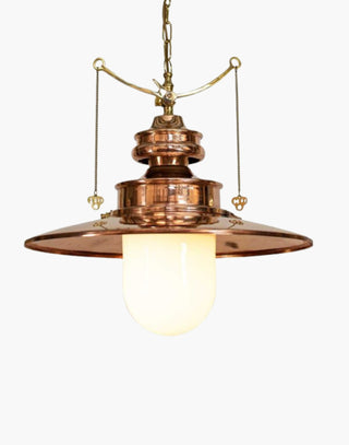 Unlacquered Opal Glass Paddington Pendant (Large) C1890: Solid copper, brass detail, glass. Vintage gas light replica with on/off pull chains. 19.7" chain included.