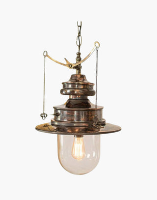 Distressed with Clear Glass Paddington Pendant C1890: Solid copper, brass detail. Gas light replica with brass valve mechanism, on/off pull chains. Includes 19.7" chain, ceiling rose.