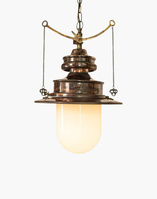 Distressed with Opal Glass Paddington Pendant C1890: Solid copper, brass detail. Gas light replica with brass valve mechanism, on/off pull chains. Includes 19.7" chain, ceiling rose.