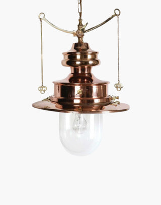Polished Lacquered with Clear Glass Paddington Pendant C1890: Solid copper, brass detail. Gas light replica with brass valve mechanism, on/off pull chains. Includes 19.7" chain, ceiling rose.