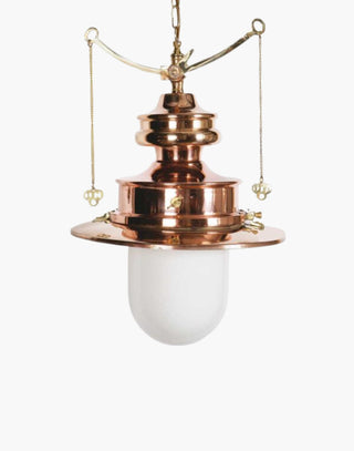 Unlacquered Natural with Opal Glass Paddington Pendant C1890: Solid copper, brass detail. Gas light replica with brass valve mechanism, on/off pull chains. Includes 19.7" chain, ceiling rose.