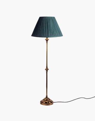 Distressed Finish with Blue Shade Provencal table lamps: simple, solid brass narrow lamps ideal for console or side tables.