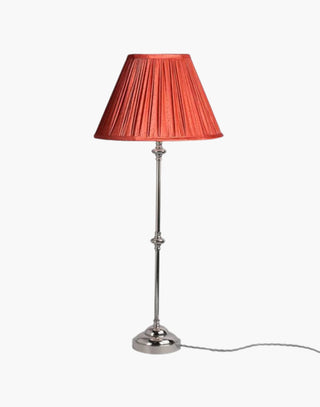 Nickel Finish with Coral  Shade Provencal table lamps: simple, solid brass narrow lamps ideal for console or side tables.