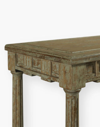 Console table with a seaside finish, center stretcher and detailed fretwork on both sides for use as a sofa table or floating option.