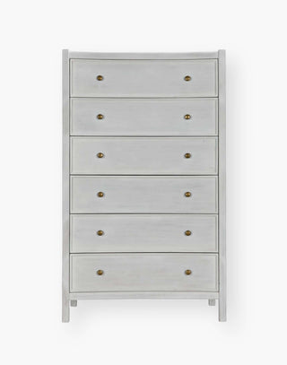 Rustic White Mahogany Wood 6-Drawer tall boy with each drawer featuring a slight curved detail with two brass pulls per drawer