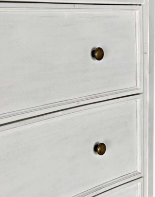 Rustic White Mahogany Wood 6-Drawer tall boy with each drawer featuring a slight curved detail with two brass pulls per drawer