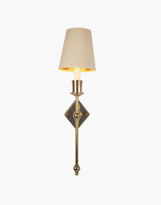 Polished Lacquered with D6G Ivory Shade Christina Tall Wall Sconce: Solid brass fixture with diamond backplate. Ideal for contemporary or traditional interiors.