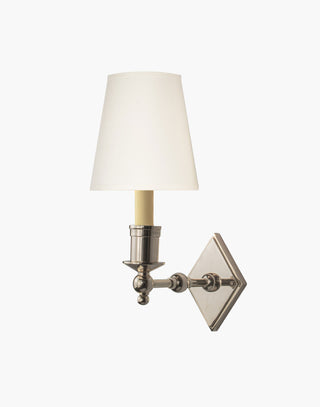 Nickel finish with d6 White shade, elegant solid brass sconce with diamond backplate. Perfect for modern or traditional interiors.