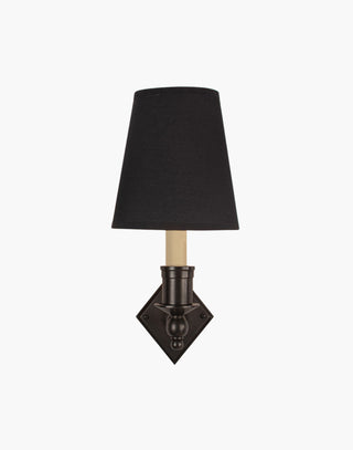 Old Antique finish with d6 Black shade, elegant solid brass sconce with diamond backplate. Perfect for modern or traditional interiors.