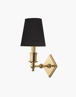 Polished Lacquered finish with d6 Black shade, elegant solid brass sconce with diamond backplate. Perfect for modern or traditional interiors.