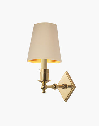 Polished Lacquered finish with d6g Ivory shade, elegant solid brass sconce with diamond backplate. Perfect for modern or traditional interiors.