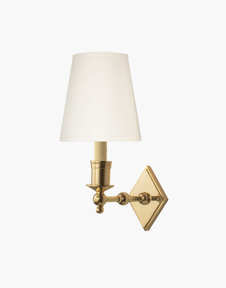 Polished Lacquered finish with d6 White shade, elegant solid brass sconce with diamond backplate. Perfect for modern or traditional interiors.