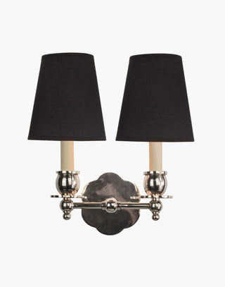 Nickel Finish with D6 Black Shade India Rose Sconces: Solid brass petal design. Versatile for contemporary or traditional settings.