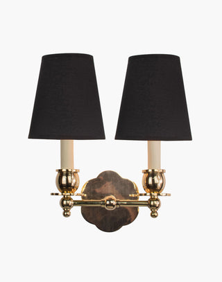 Polished Lacquered Finish with D6 Black Shade India Rose Sconces: Solid brass petal design. Versatile for contemporary or traditional settings.