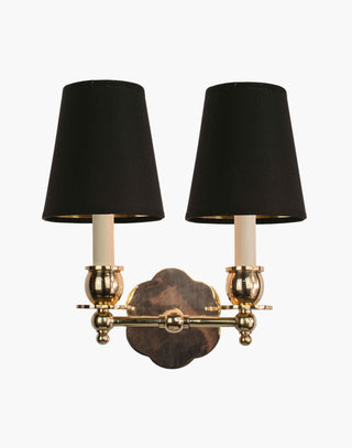 Polished Lacquered Finish with D6G Black Shade India Rose Sconces: Solid brass petal design. Versatile for contemporary or traditional settings.