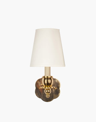 Polished Lacquered Finish, D6 White Shade India Rose Sconce: Solid brass petal design. Transitional style for contemporary or traditional spaces.