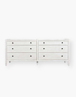 Rustic white wash Mahogany Wood 6-Drawer dresser with a table top and first drawer curved detail with two brass pulls per drawer