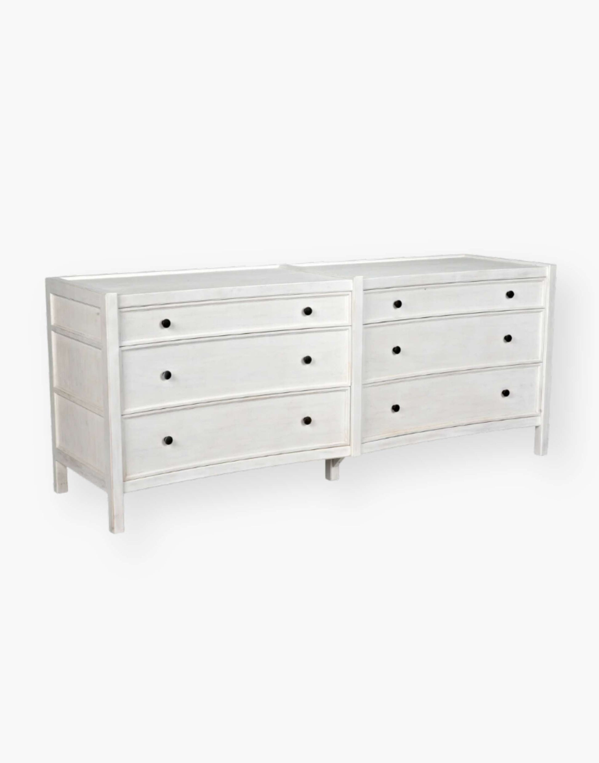 Rustic white wash Mahogany Wood 6-Drawer dresser with a table top and first drawer curved detail with two brass pulls per drawer