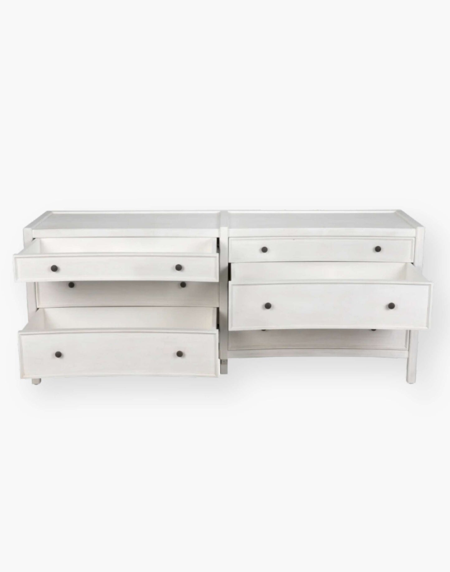 Rustic white wash Mahogany Wood 6-Drawer dresser with a table top and first drawer curved detail with two brass pulls per drawer