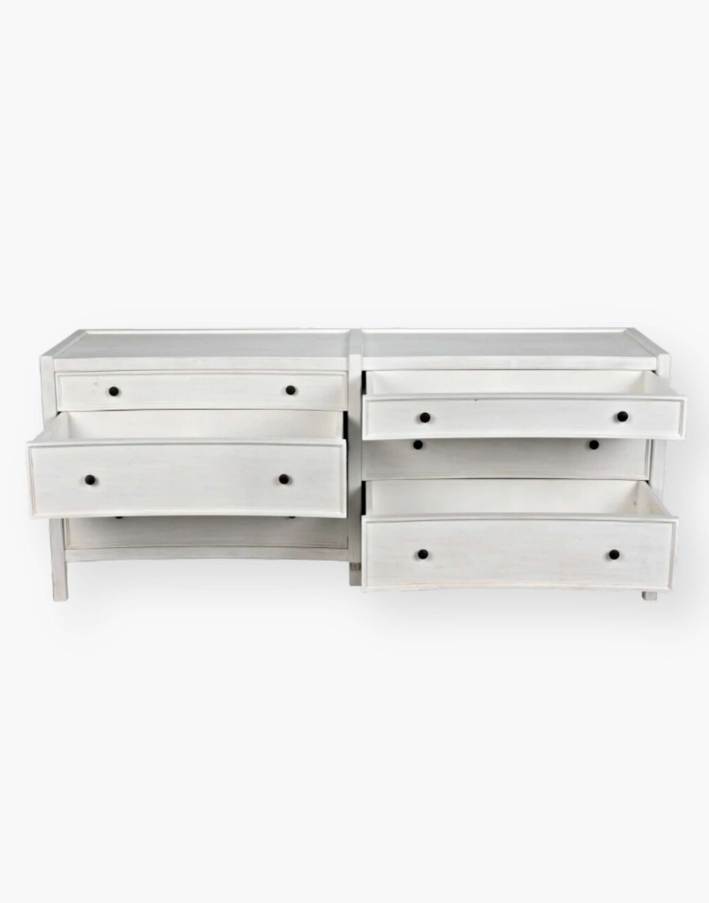 Rustic white wash Mahogany Wood 6-Drawer dresser with a table top and first drawer curved detail with two brass pulls per drawer