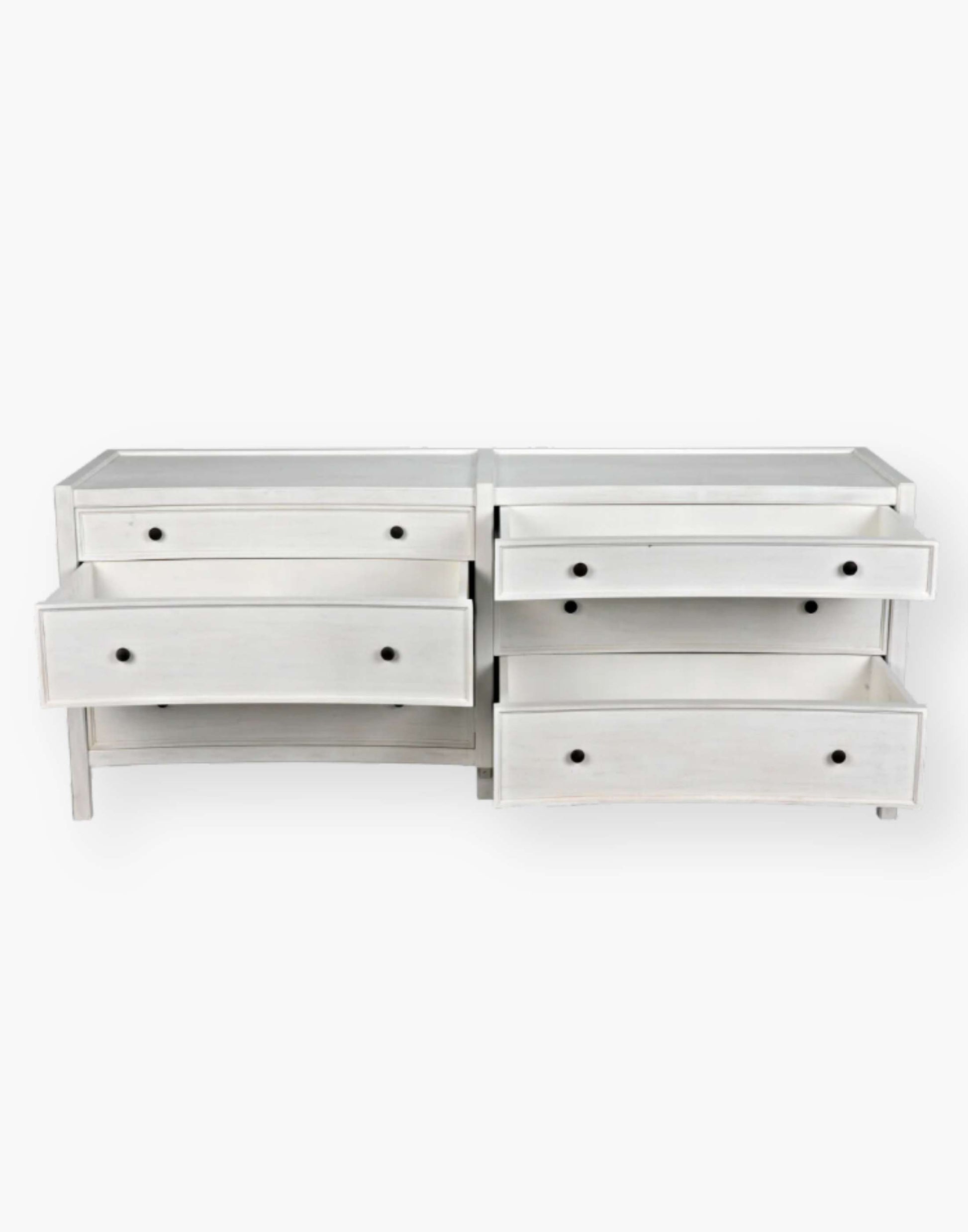 Rustic white wash Mahogany Wood 6-Drawer dresser with a table top and first drawer curved detail with two brass pulls per drawer
