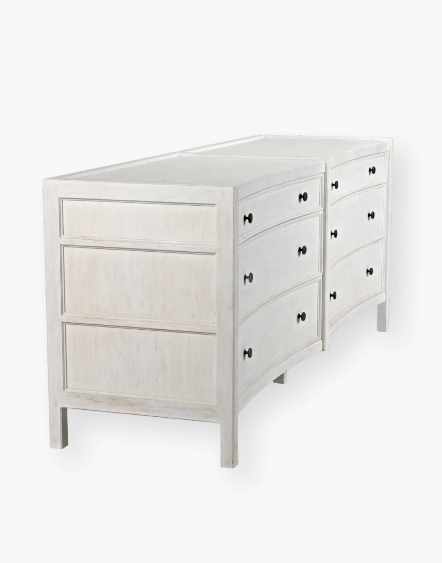 Rustic white wash Mahogany Wood 6-Drawer dresser with a table top and first drawer curved detail with two brass pulls per drawer