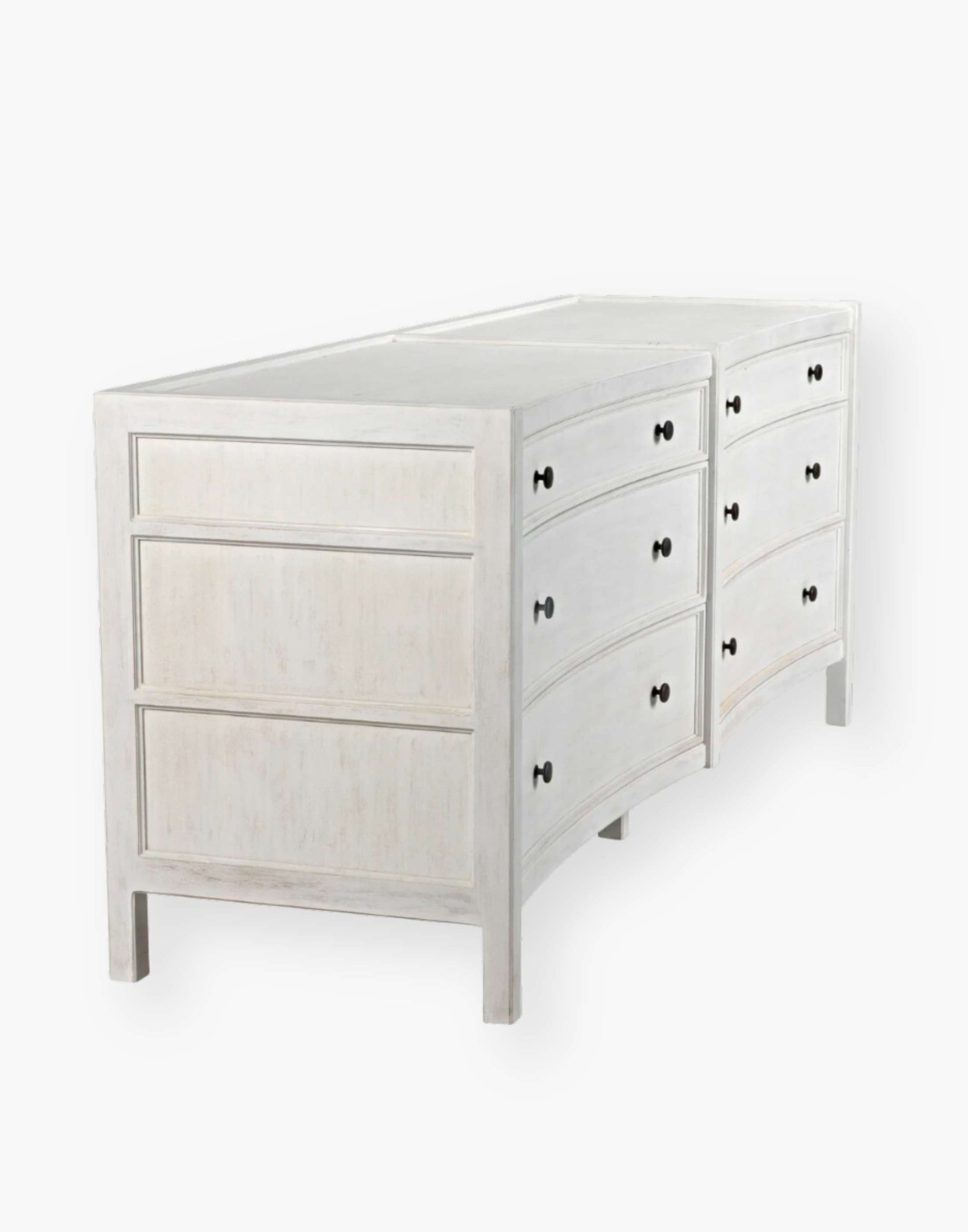 Rustic white wash Mahogany Wood 6-Drawer dresser with a table top and first drawer curved detail with two brass pulls per drawer