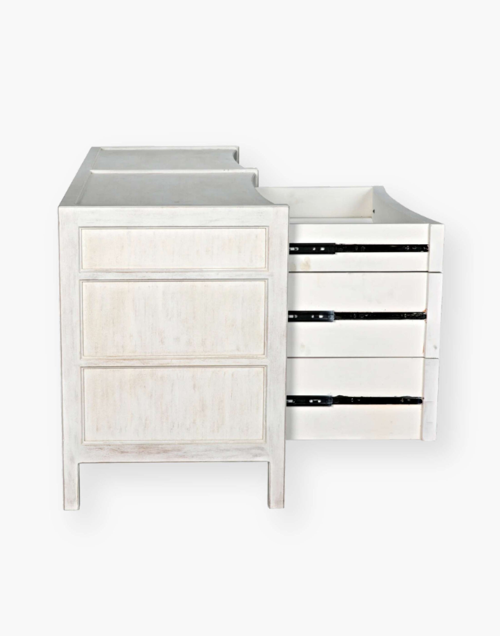 Rustic white wash Mahogany Wood 6-Drawer dresser with a table top and first drawer curved detail with two brass pulls per drawer