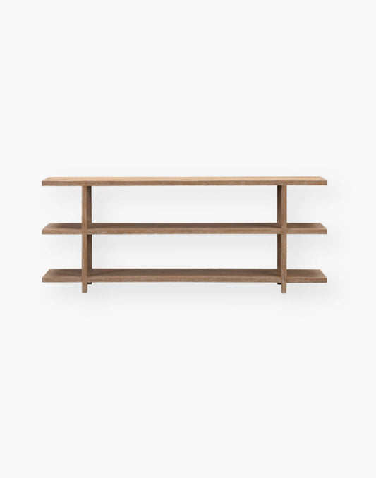 Console storage with oak and veneer shelves.