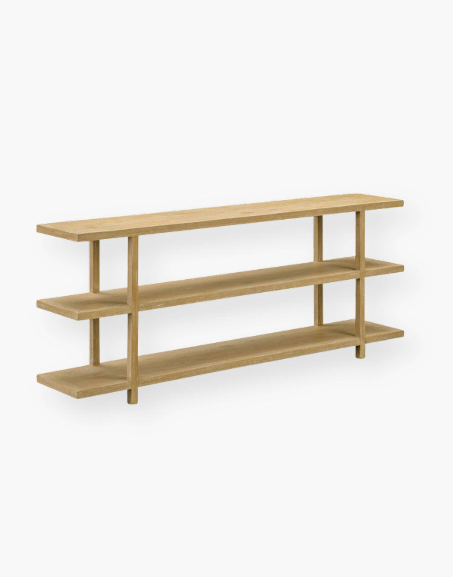 Console storage with oak and veneer shelves.
