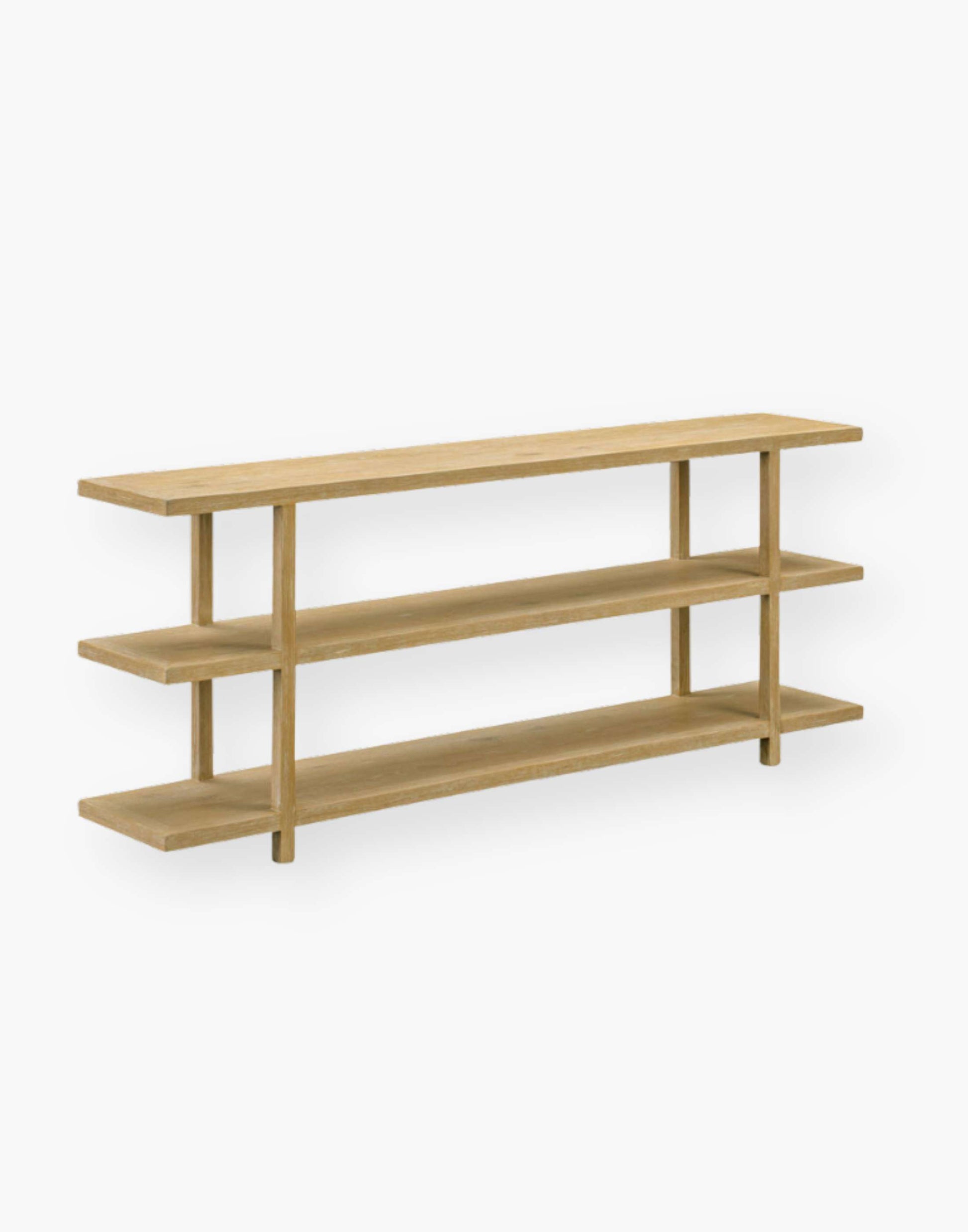 Console storage with oak and veneer shelves.