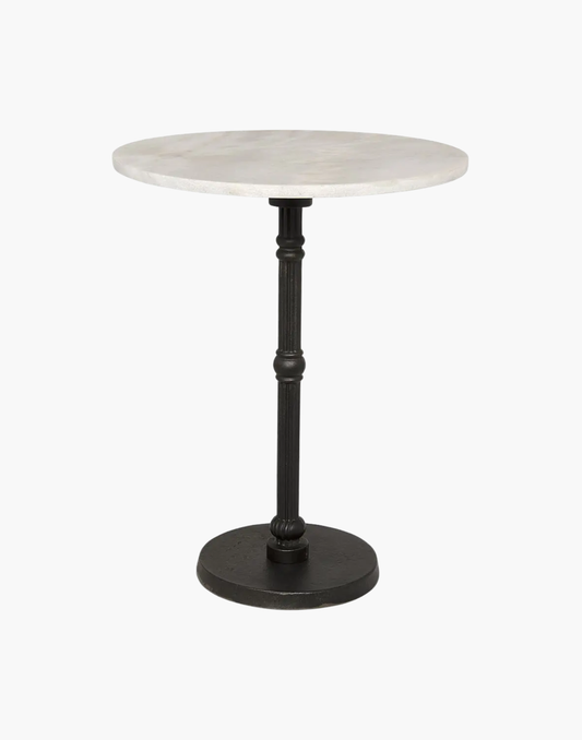 Modern round side table with marble top and industrial matte black base