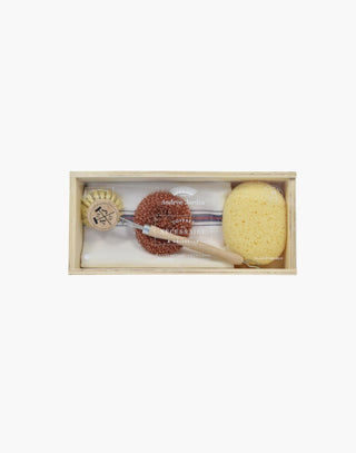 Andre Jardin gift washing set with two sponges, a long dish brush, and a linen dish towel. All items come in a wooden gift box.