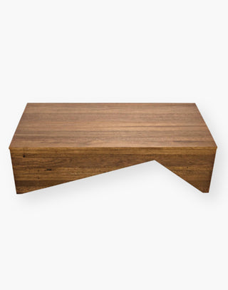 Walnut Coffee Table with a Dark Walnut Finish and a base that is all edges and angles.