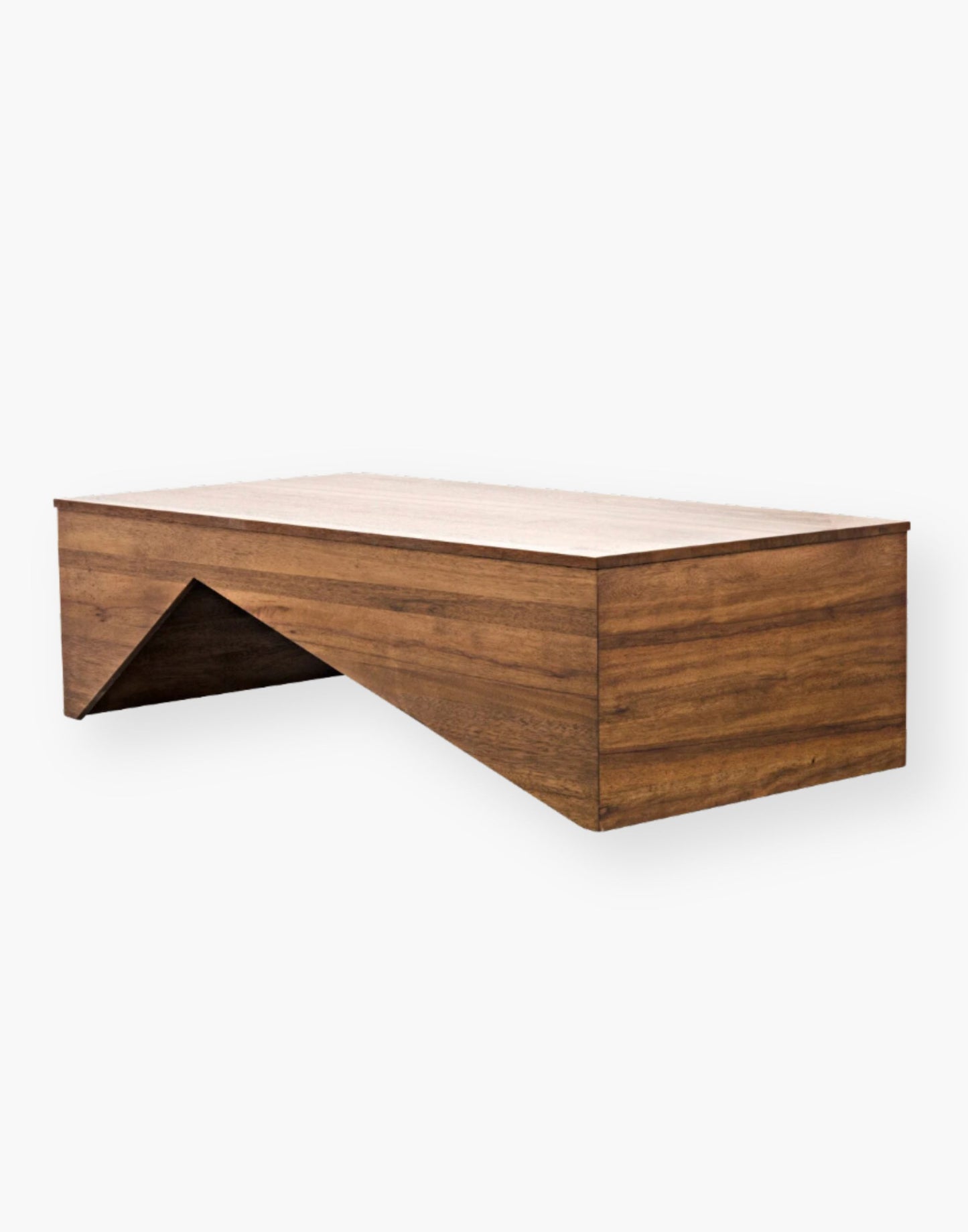 Walnut Coffee Table with a Dark Walnut Finish and a base that is all edges and angles.