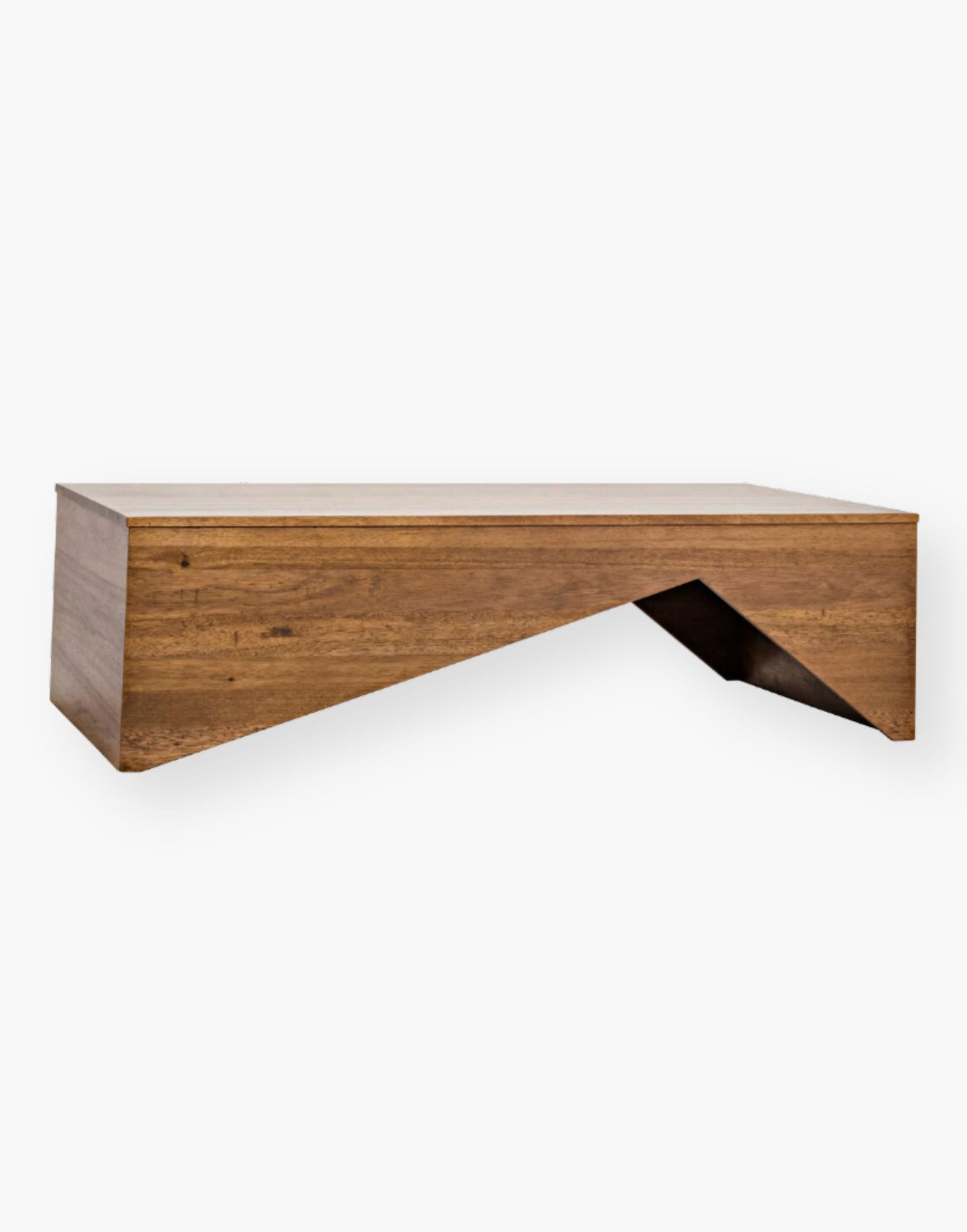 Walnut Coffee Table with a Dark Walnut Finish and a base that is all edges and angles.